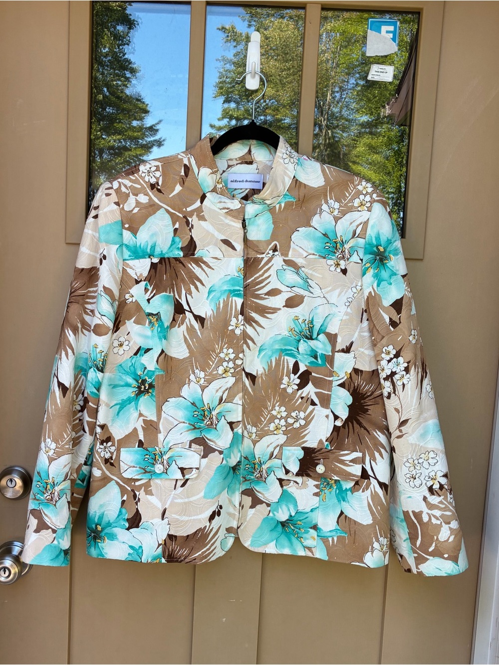 Alfred Dunner Blazer Jacket Tan with Turquoise Flowers Zipper Closure Women's 16